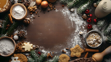 A holiday recipe card lies surrounded by various ingredients, including spices, nuts, and festive decorations, creating a cozy and warm atmosphere