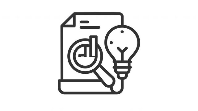 Animated results with document showing graph data, magnifying glass, and light bulb icons for business analysis, research, innovation concepts, presentations, or education materials