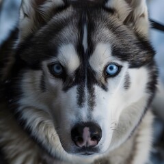 Obraz premium Close-Up of a Siberian Husky with Striking Blue Eyes and Thick Fur
