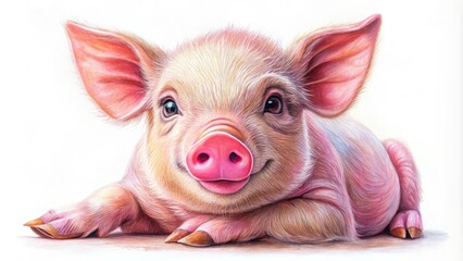 Charming piglet illustration featuring a playful expression and soft pink hues, set against a crisp white background, radiating joy and innocence in every detail.