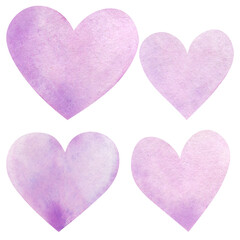 Purple watercolor hearts. Isolation on a white background. Hearts in watercolor