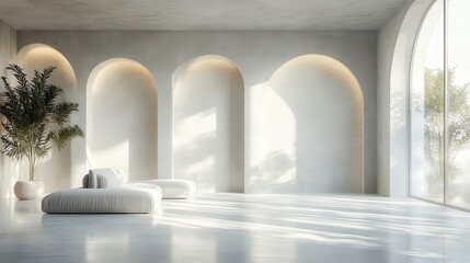 minimalist empty room with white walls illuminated by soft light streaming through windows creating a calming space ideal for product presentations or artistic displays