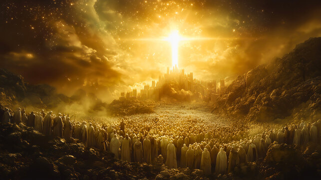 From the heavens descends the New Jerusalem made of gold, descend of God according to Bible. God calls His people to gather, as the divine city touches the earth.