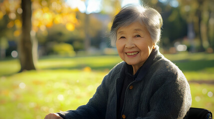 Smiling elderly woman of Asian descent enjoying a sunny day in a park surrounded by autumn foliage and warm light