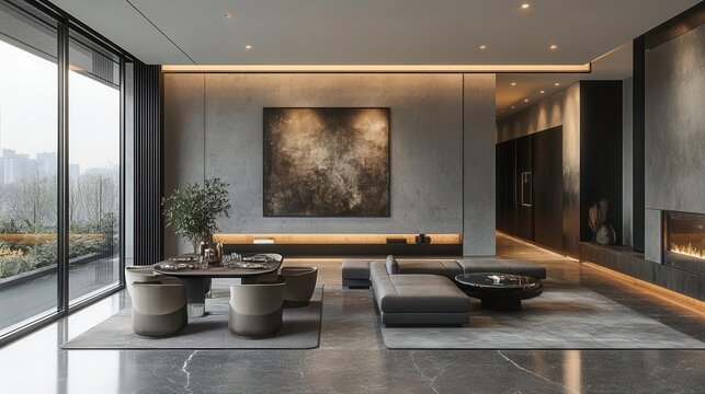 minimalist dining area featuring an elegant greytoned interior design sleek lines and subtle touches creating a luxurious atmosphere bathed in soft ambient light inviting sophistication