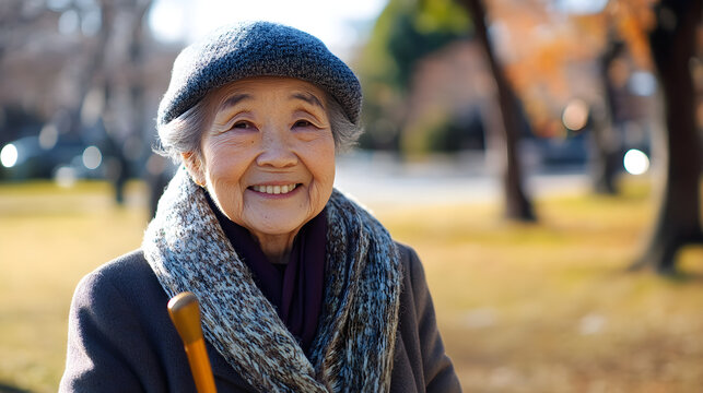 A smiling elderly woman of Asian descent wearing a hat and scarf stands outdoors, exuding warmth and happiness in a park setting - Powered by Adobe