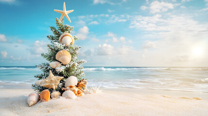A tropical beach features a decorated Christmas tree with shells and a star on top, capturing the essence of a festive holiday in a seaside setting