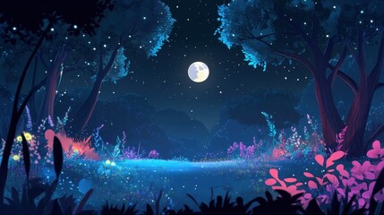 Obraz premium Enchanted Forest Nighttime Landscape with Full Moon, Stars, and Glowing Flowers.