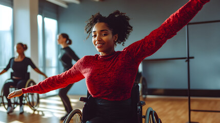 A young african american woman in a wheelchair joyfully participates in a dance class, expressing confidence and enthusiasm in a bright, spacious studio