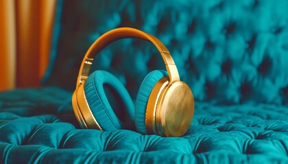 Fototapeta premium Stylish gold headphones resting on a plush teal fabric, perfect for music lovers and modern interiors.