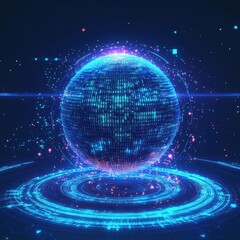 Obraz premium Abstract Blue Digital Sphere with Binary Code and Glowing Light Effects - Futuristic Technology Concept.