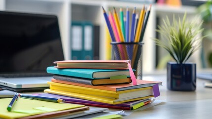 Pencils resting on a stack of books surrounded by colorful sticky notes, placed on a table near a laptop.