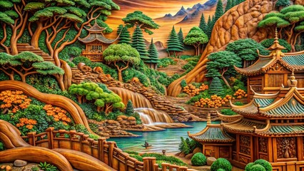 Fototapeta premium Intricate Wood Carving Art Displaying Nature's Beauty in Rich Textures and Detailed Craftsmanship