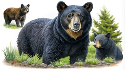Fototapeta premium Illustrations depicting a black bear in diverse poses and natural habitats, designed for educational purposes, showcasing the animal's behavior and environment effectively.