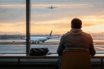 Fototapeta premium A traveler waiting at an airport terminal cafe, looking out at planes on the runway, symbolizing reflection and anticipation during travel Airport cafe, Runway view