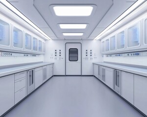 Obraz premium A modern, sterile laboratory interior with sleek white surfaces and efficient lighting, ideal for scientific research.