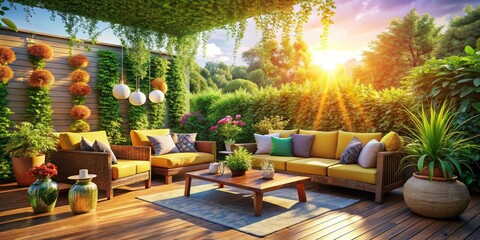 Inviting outdoor patio featuring cozy furniture surrounded by vibrant greenery and warm sunshine, creating a perfect space for relaxation and enjoyment in nature's embrace.