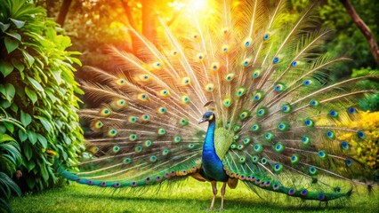 Obraz premium Majestic Peacock Displaying Its Vibrant Feathers in a Lush Green Garden Under Bright Sunlight