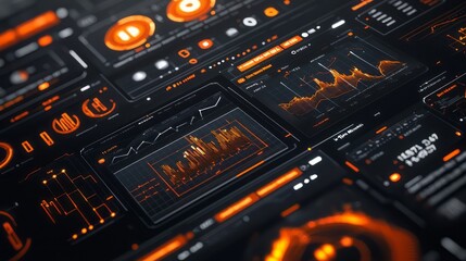 Futuristic data dashboard with glowing orange and black interface, featuring graphs, charts, and analytics in a sleek digital layout. The high-tech design exudes innovation. AI generative.