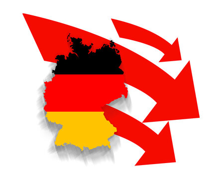 recommend clip art: downwards arrows and map of Germany outline simplified,  state-borders, isolated, ground shadow as flat-style