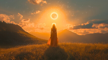 A woman clothed with the sun, with the moon under her feet, crowned with twelve stars, standing in the wilderness.
Bible accurate lore of Revelation Book.