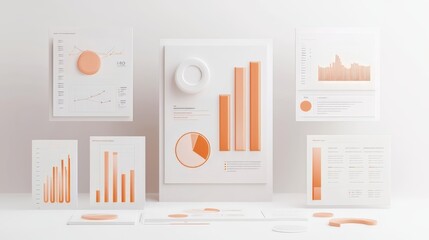 Minimalistic 3D data visualization setup featuring bar charts, pie charts, and infographics in soft orange and white tones. The clean, modern design is ideal for business presentations. AI generative.