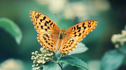 Obraz premium A vibrant orange butterfly perched delicately on green foliage, showcasing intricate patterns and beauty of nature.