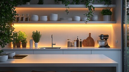 A modern kitchen interior with a sleek white bar counter, a stylish sink, and clean kitchenware on open shelves