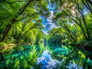 Forest's emerald canopy converges with meandering river's mirrored tranquility, meeting the radiant blue vault of the sky.