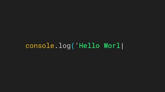 Video Animation Hello World text, first code in teaching programming JavaScript language, 4K  resolution