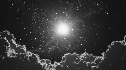 A monochrome depiction of a star filled sky featuring a sun at its center