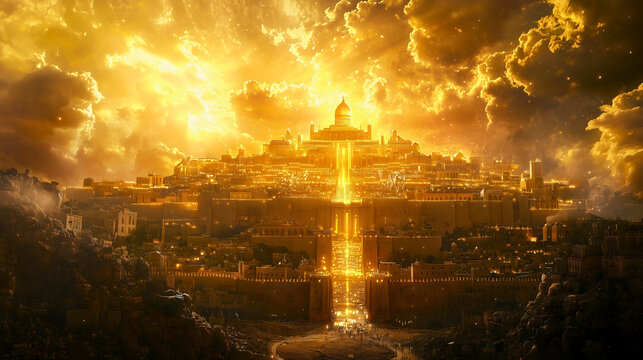From the heavens descends the New Jerusalem made of gold, descend of God according to Bible. God calls His people to gather, as the divine city touches the earth.
