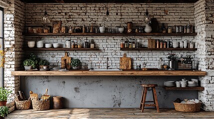 Obraz premium A light, airy kitchen interior with a bright bar counter, an elegant under-mounted sink, and kitchenware neatly arranged on rustic shelves
