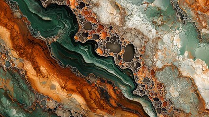Abstract, intricate marbled surface with rich green, orange, and beige tones, featuring detailed organic patterns and flowing textures. The design resembles natural stone formations. AI generative.