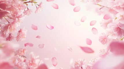 Delicate Pink Cherry Blossom Petals Falling on Soft Pink Background