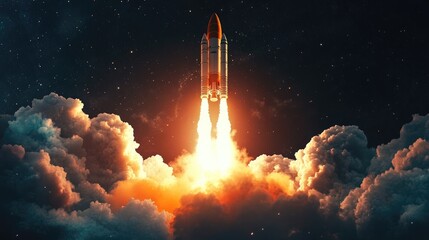 Rocket launch with fiery blasts and smoke against a dark sky Space vessel ascending in a dramatic lift off representing a mission into the cosmos