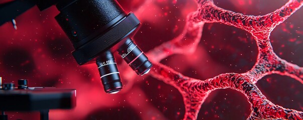 Close-up of a microscope focused on intricate cell structures, showcasing biology in vibrant red hues, perfect for scientific exploration.