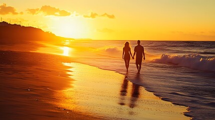 A romantic couple walks hand in hand along the beach at sunset, creating a serene and loving atmosphere by the ocean.
