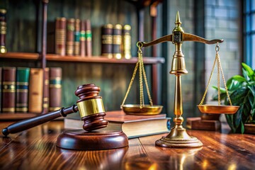 Justice and Law: Symbols of Legal Profession with Gavel, Scales, and Law Books on a Desk