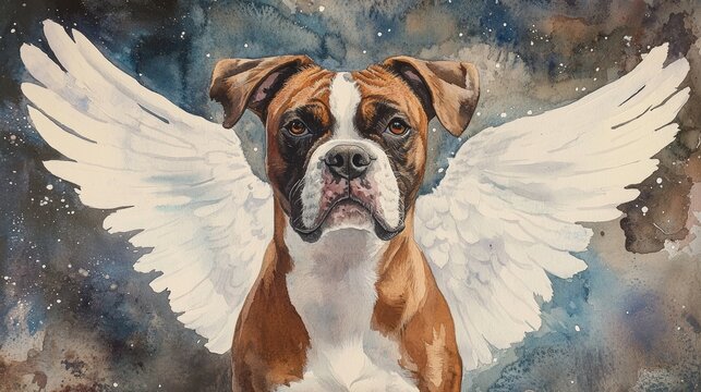 Watercolor Tribute to a Beloved Pet A Boxer Dog with White Feather Wings