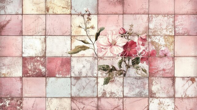 Vintage pastel pink patchwork tile design featuring a flower motif on a textured stone wall background
