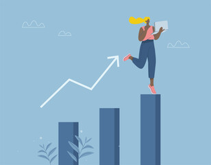 Growth and success, Career development and business success concepts, Business victory, Symbol of ambition, Businesswoman with laptop happy and jumping for joy on a high growing bar graph.