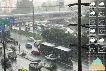 Heavy rain in the city with traffic jam and poor visibility with weather forecast symbol. Image use for meteorology presentation background.