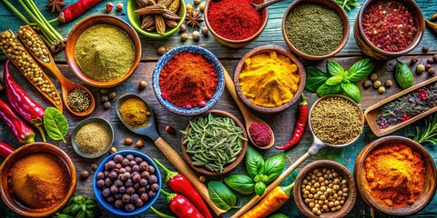 Vibrant Indian spices arranged in bowls, complemented by fresh herbs, traditional cooking utensils, and rich textiles, create an inviting and colorful culinary tableau.