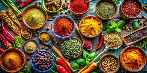 Vibrant Indian spices arranged in bowls, complemented by fresh herbs, traditional cooking utensils, and rich textiles, create an inviting and colorful culinary tableau. © Autun