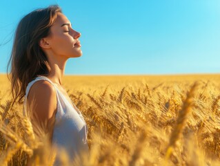 Obraz premium Woman standing in a golden wheat field, eyes closed, breathing in deeply, enjoying the calm of nature, with blue sky providing ample copy space