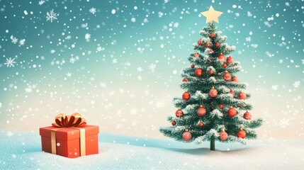 Obraz premium Winter holiday background featuring a Christmas tree and gift box