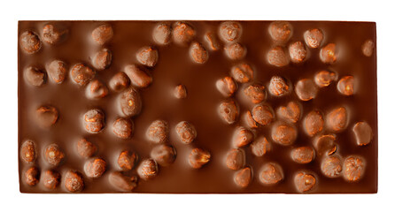 Chocolate bar with hazelnuts isolated on white background. Dark chocolate with nuts Top view. Flat lay.