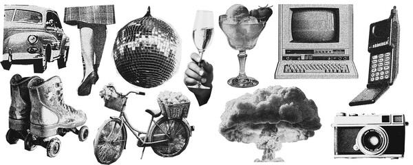 hotocopy  Magazine, newspaper clipping, Vintage elements.   illustration of grunge dadaism texture icons for psychedelic.Fun, drinks, ice cream, nuclear mushroom, explosion, bicycle, gadgets, roller 