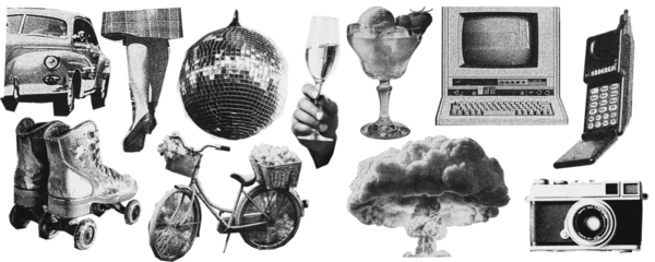 Fotobehang Vintage Poster hotocopy  Magazine, newspaper clipping, Vintage elements.   illustration of grunge dadaism texture icons for psychedelic.Fun, drinks, ice cream, nuclear mushroom, explosion, bicycle, gadgets, roller   © taisiyakozorez